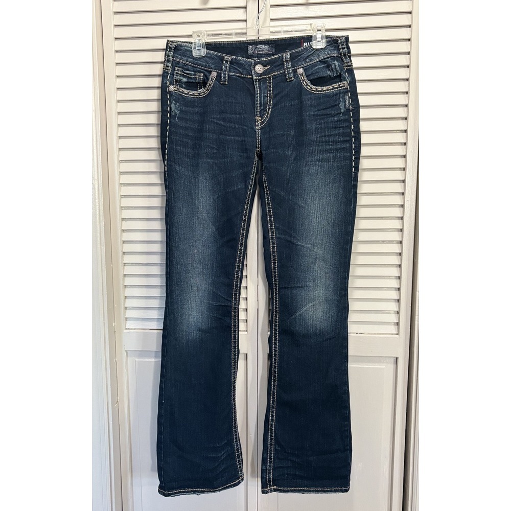 Silver Jeans Aiko Mid‎ Bootcut Medium Wash Low Rise Stitching Size 30x33 Logo